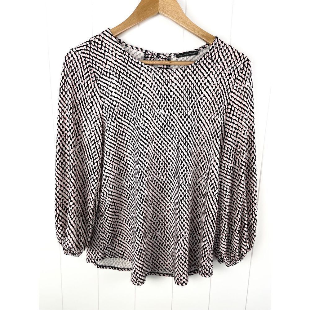 Adrianna Papell black white and pink geometric pattern long sleeve blouse‎
